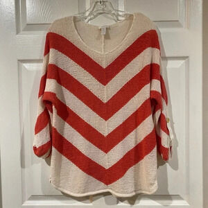 Chicos Womens Sweater 1 Small Chevron Stripe Coral Salmon Ivory Roll-Tab Dolman